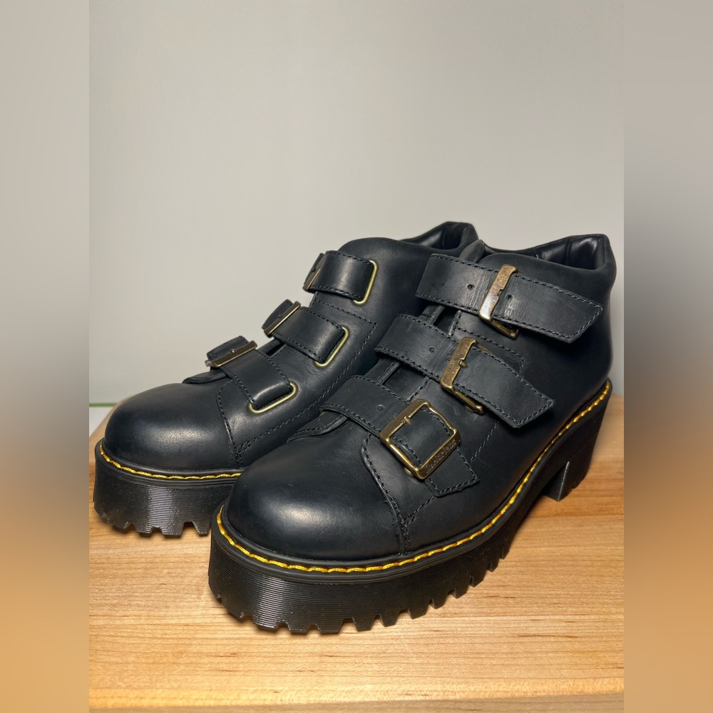 Dr. Martens Coppola Black Heeled Boots with Three Buckle Straps